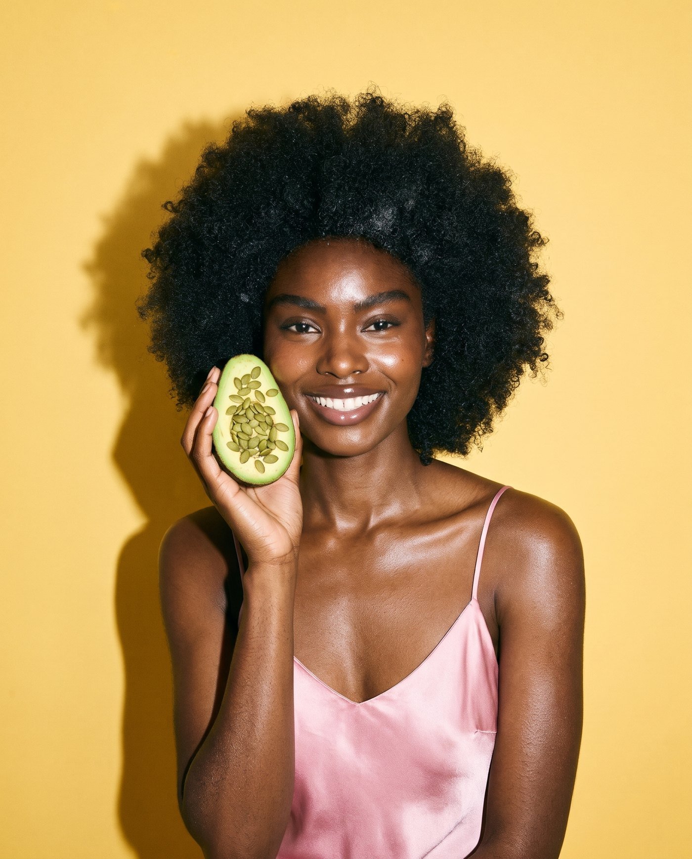 A woman in a pink satin dress holding half an avocado next to her cheek