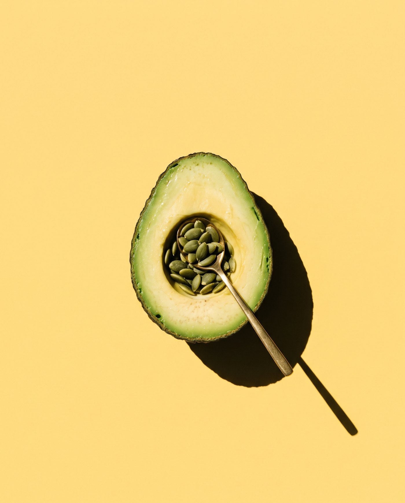 Half an avocado with pumpkin seeds