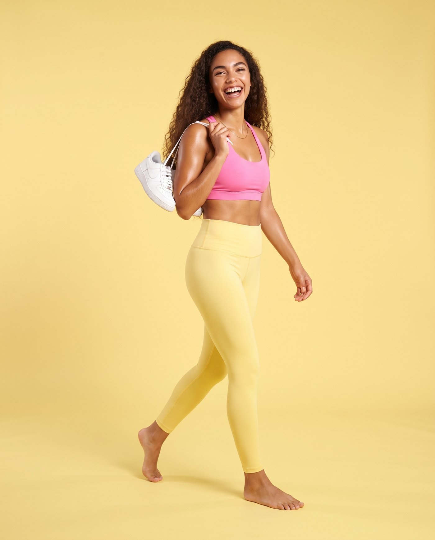 A woman in pink and yellow sportswear laughing with white trainers over her shoulder