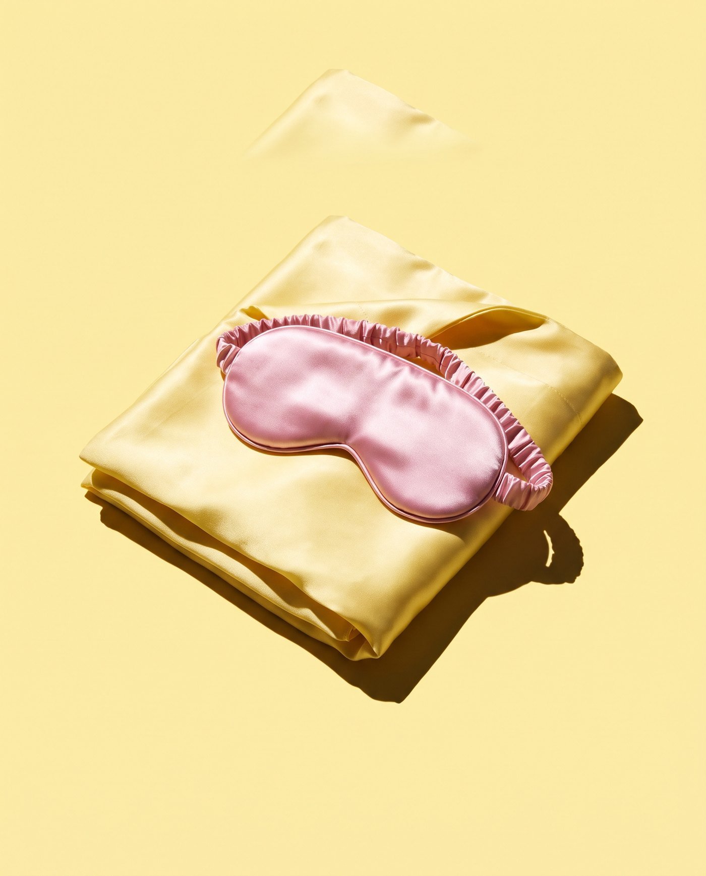 A pink silk eye mask on a yellow pillow